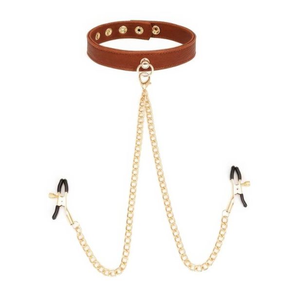 Cognac Collar with Gold Nipple Clamps