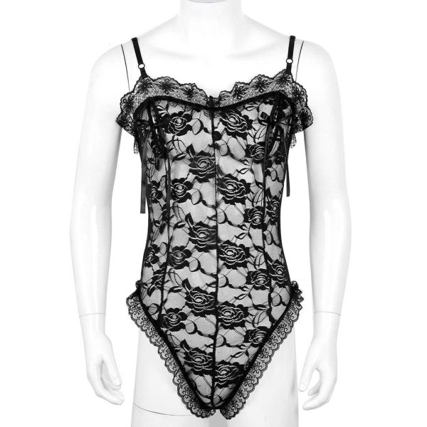 Men's Pink-Lace Sheer Bodysuit